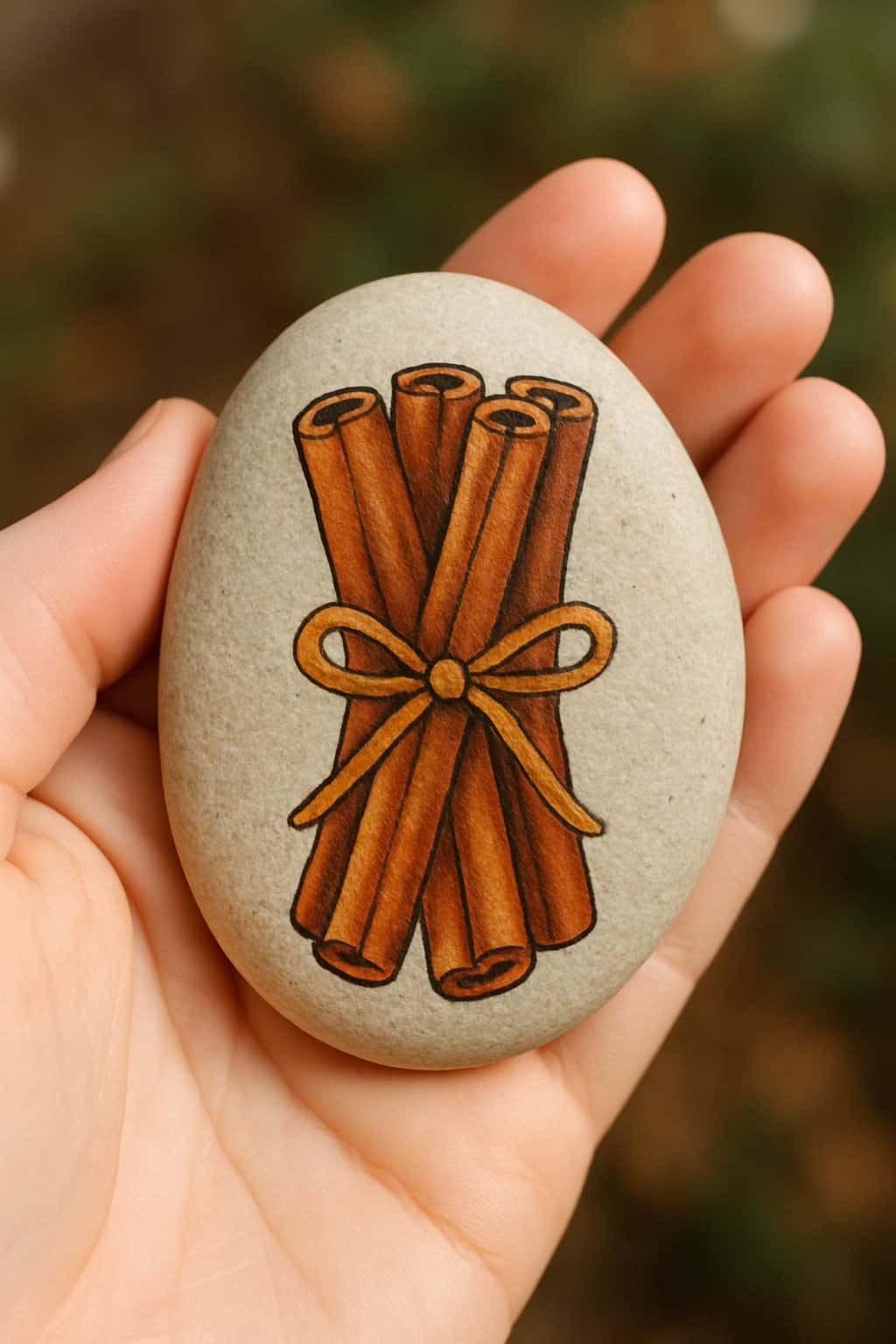 A hand holding a smooth river rock painted with a cinnamon stick bundle design.