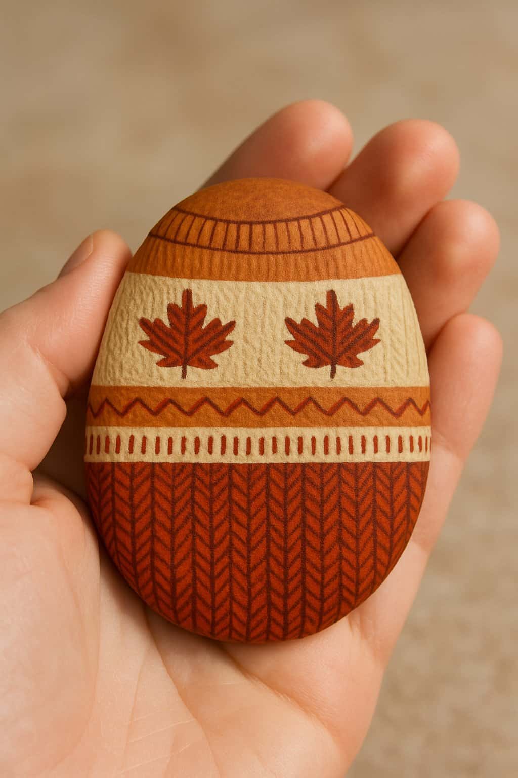 A hand holding a smooth river rock painted with a simple cozy sweater pattern design.