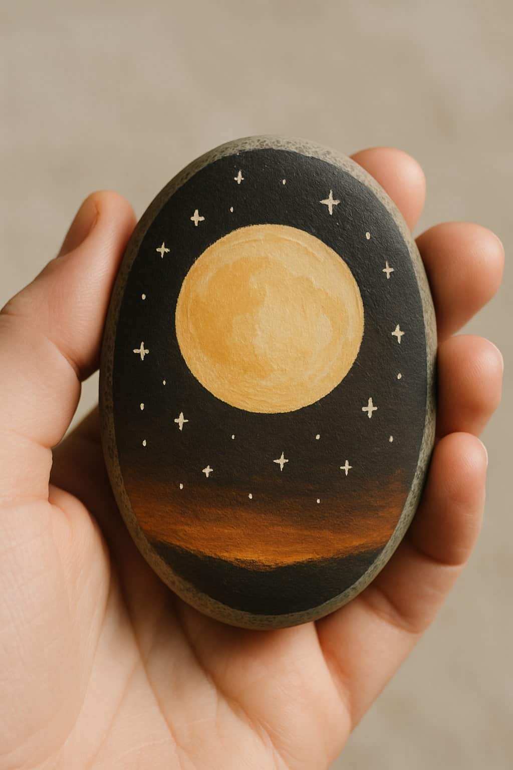 A hand holding a smooth river rock painted with a harvest moon and stars design.