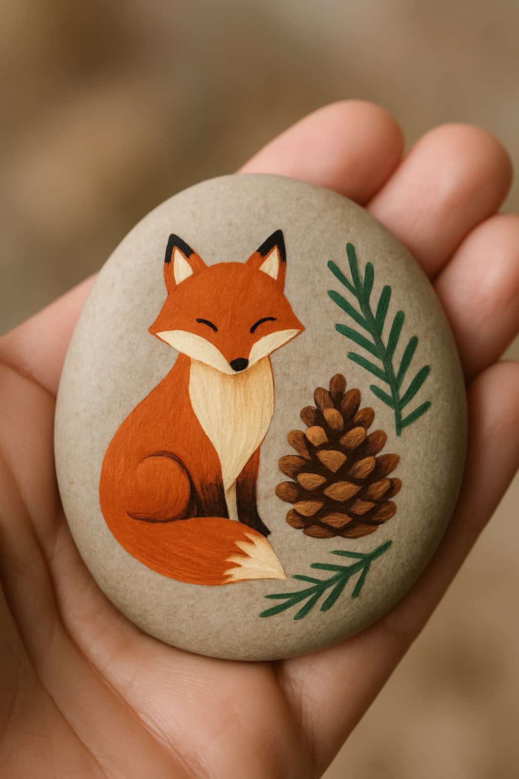 A hand holding a smooth river rock painted with a woodland fox and pinecone design.