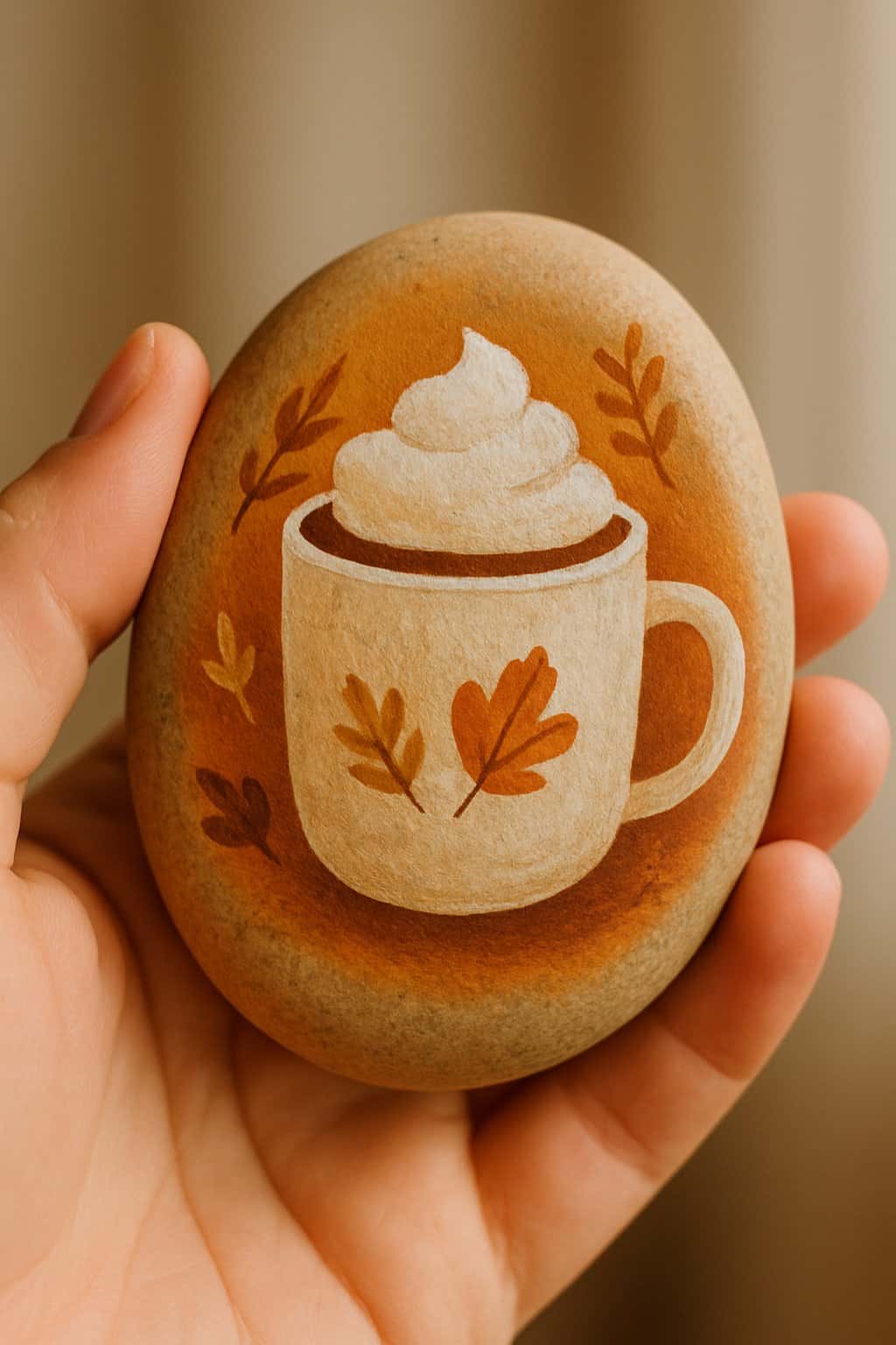 A hand holding a smooth river rock painted with a warm mug of cocoa design.