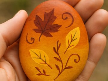 A hand holds a smooth, oval stone painted in warm orange and yellow shades, featuring autumn leaves and swirling vine designs in brown and gold tones. The background is blurred greenery.