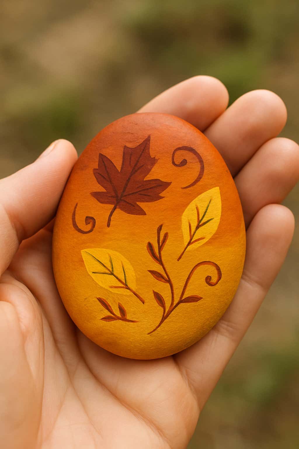A hand holding a smooth river rock painted with warm autumn colors and simple fall-inspired designs.