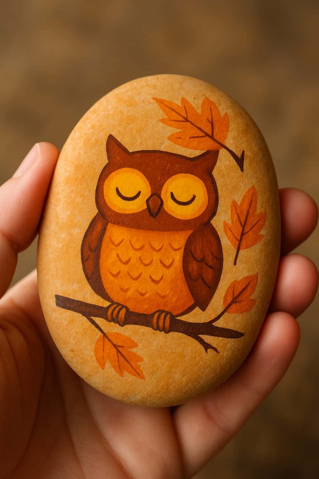 A hand holding a smooth river rock painted with an autumn owl on a branch.