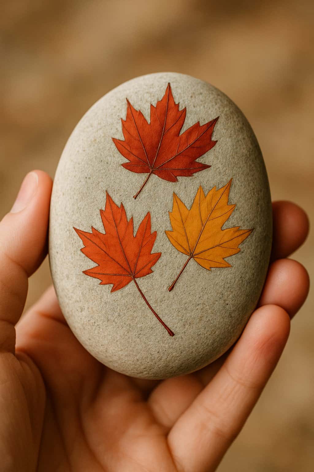 A hand holding a smooth river rock painted with three falling maple leaves.