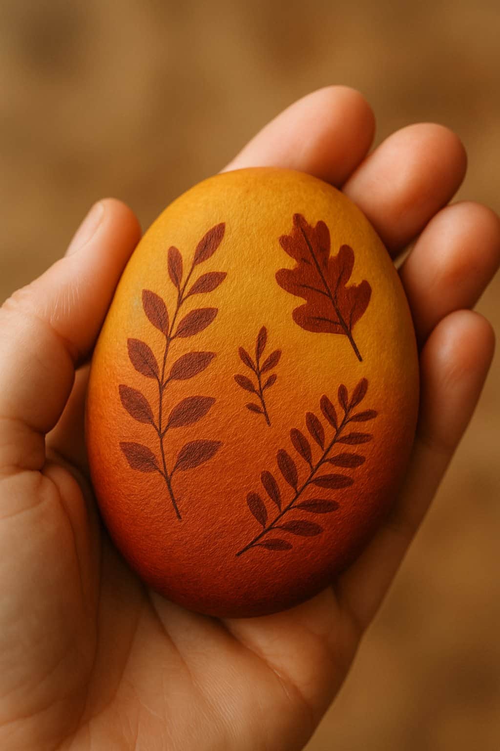 A hand holding a smooth painted river rock with an autumn leaf design.