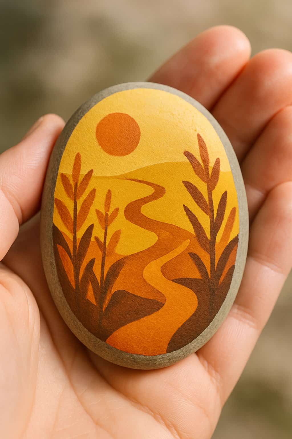 A hand holding a smooth river rock with a simple fall-themed painted design.