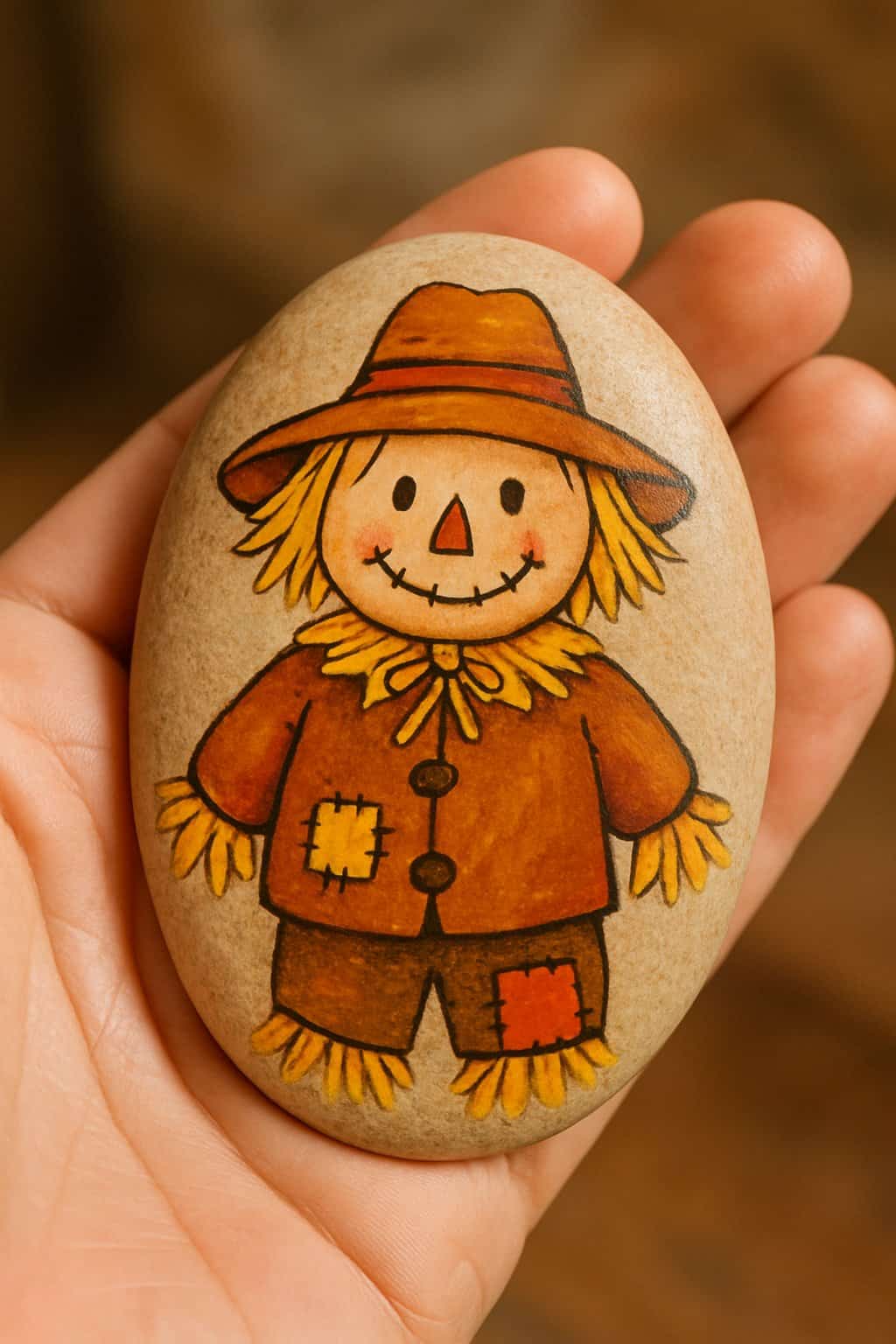 A hand holding a smooth river rock painted with a festive scarecrow design in fall colors.