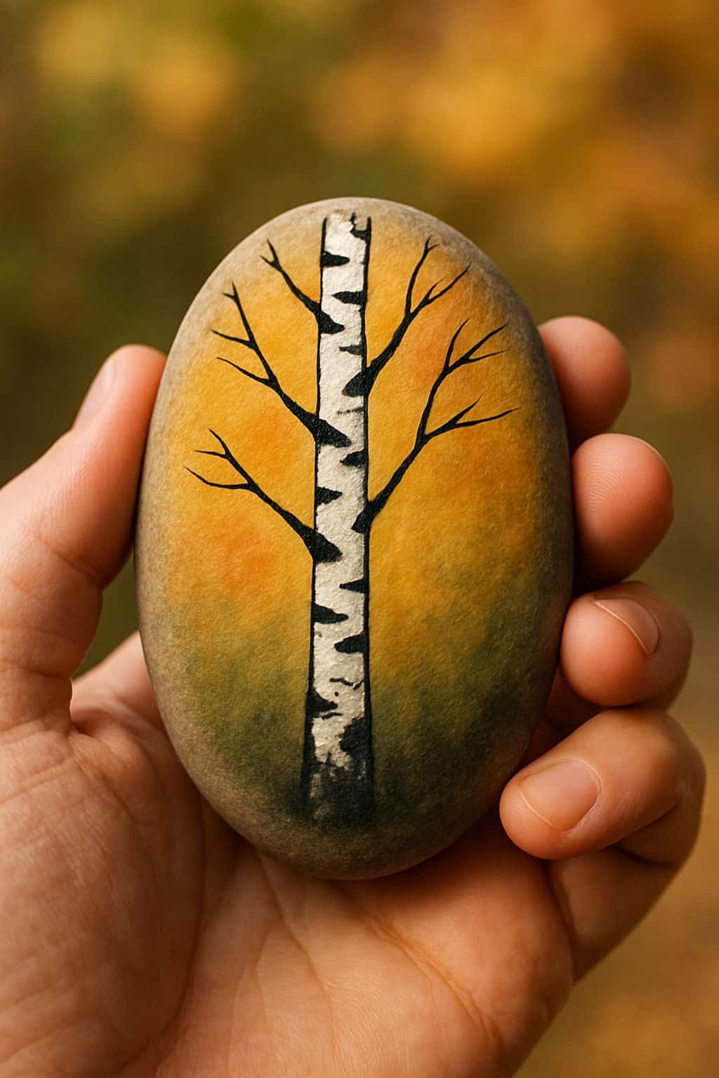 A hand holding a smooth river rock painted with a birch tree silhouette.