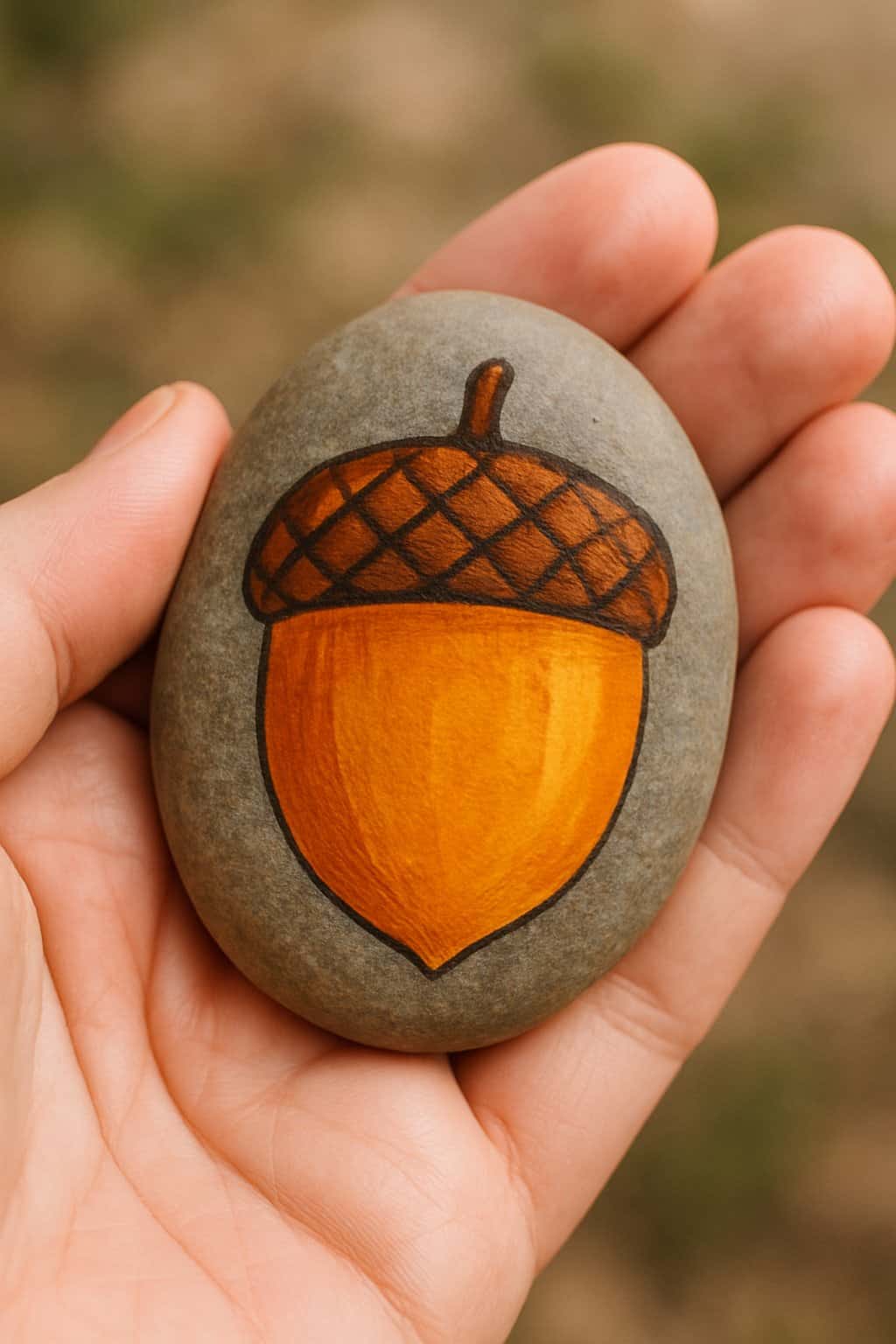 A hand holding a smooth river rock painted with a simple fall acorn cap design.