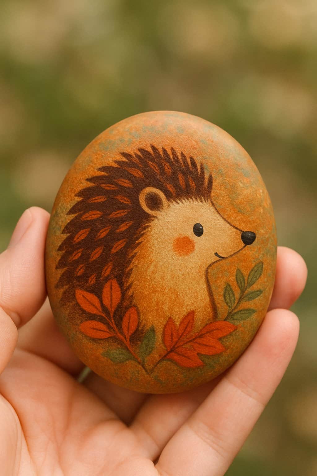 A hand holding a smooth river rock painted with a woodland hedgehog design in fall colors.