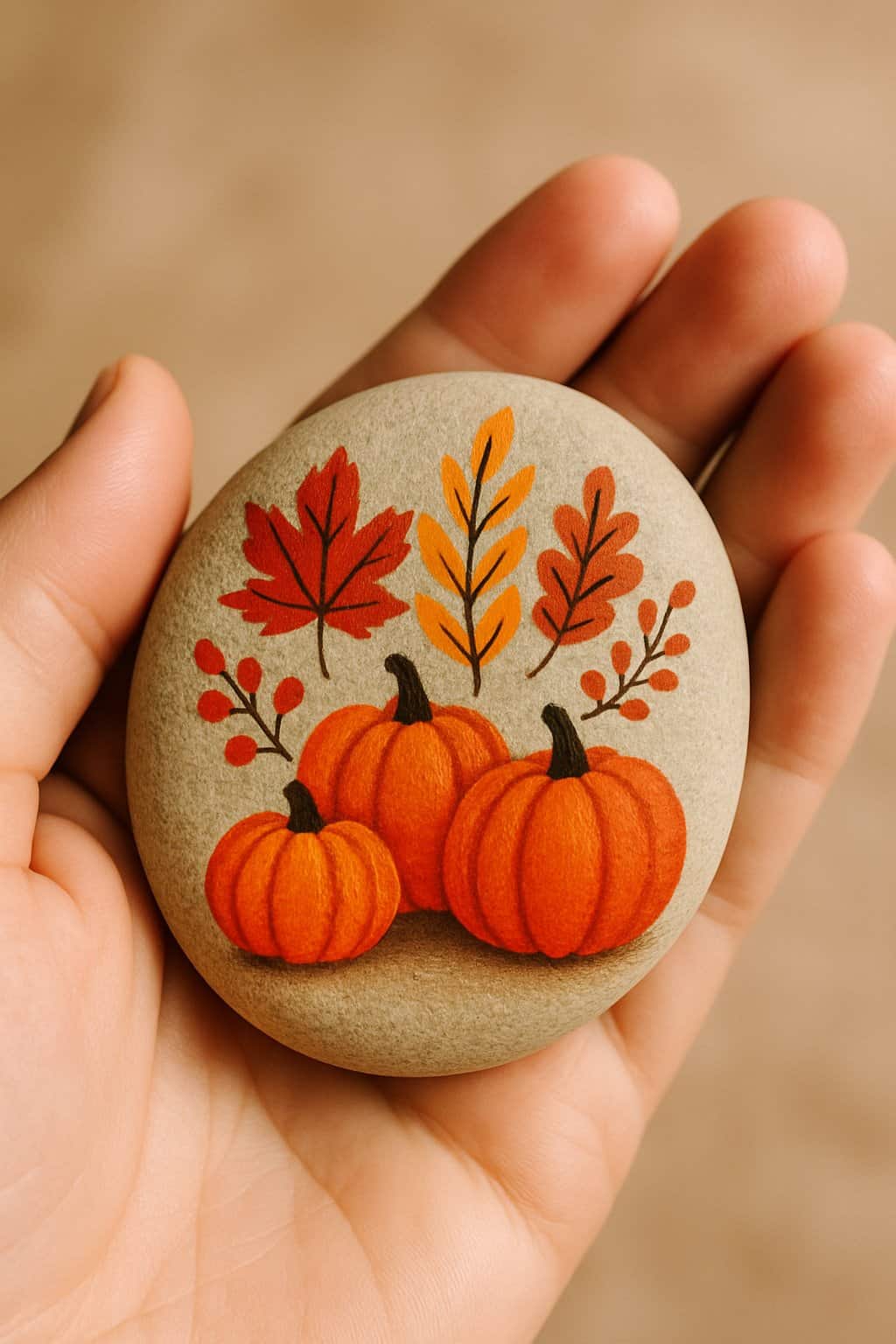 A hand holding a smooth river rock painted with a simple fall-themed design.