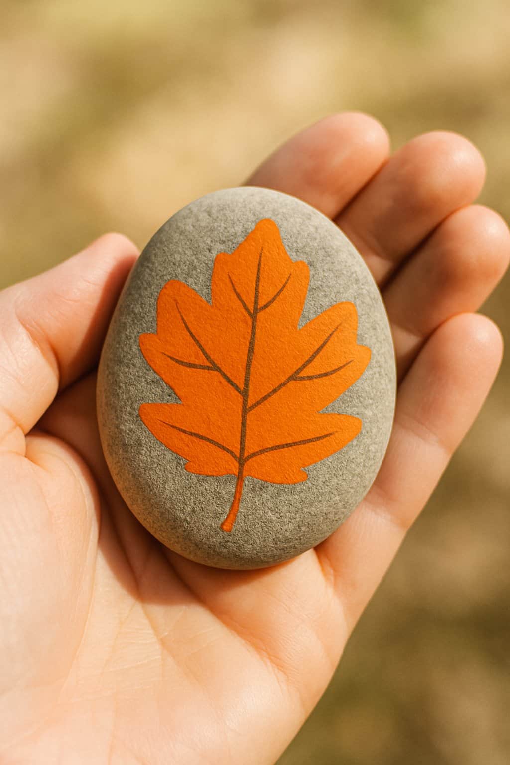A hand holding a smooth river rock painted with a bright orange leaf design.