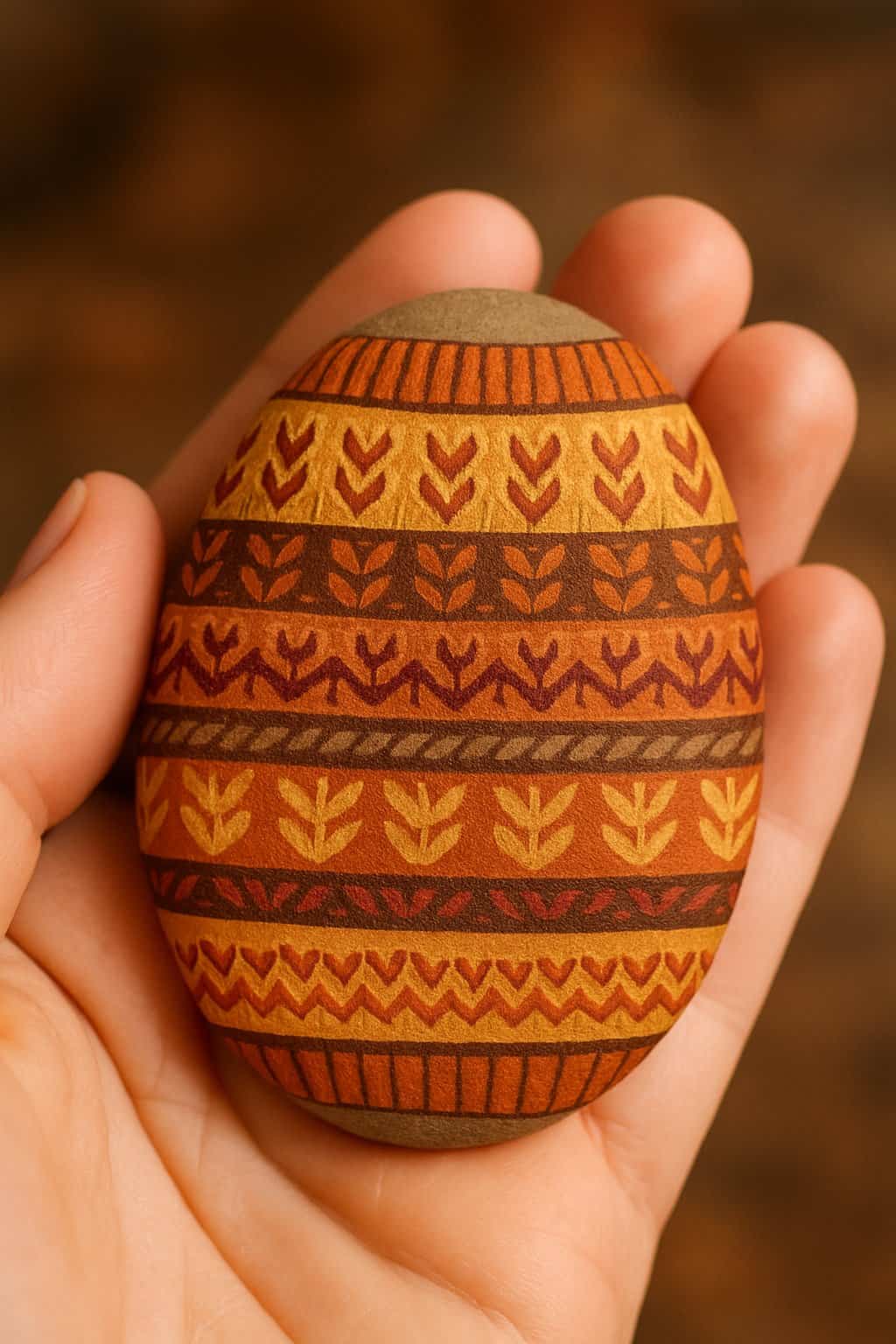 A hand holding a smooth river rock painted with a fall sweater knit pattern in autumn colors.