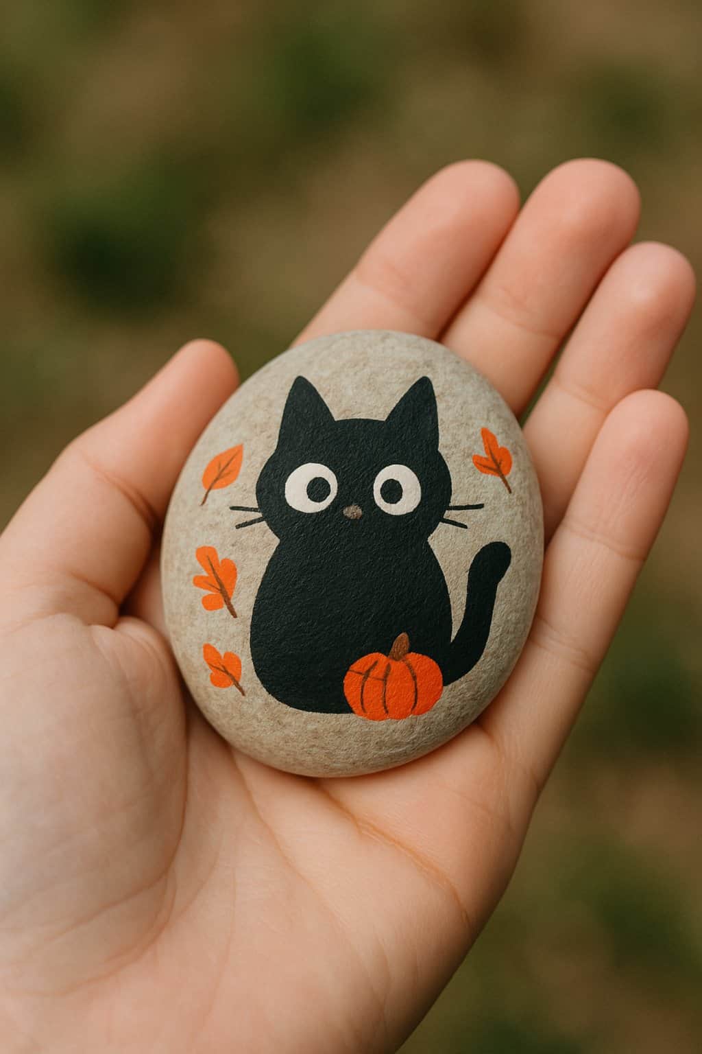 A hand holding a smooth river rock painted with a simple black cat and fall-themed accents.