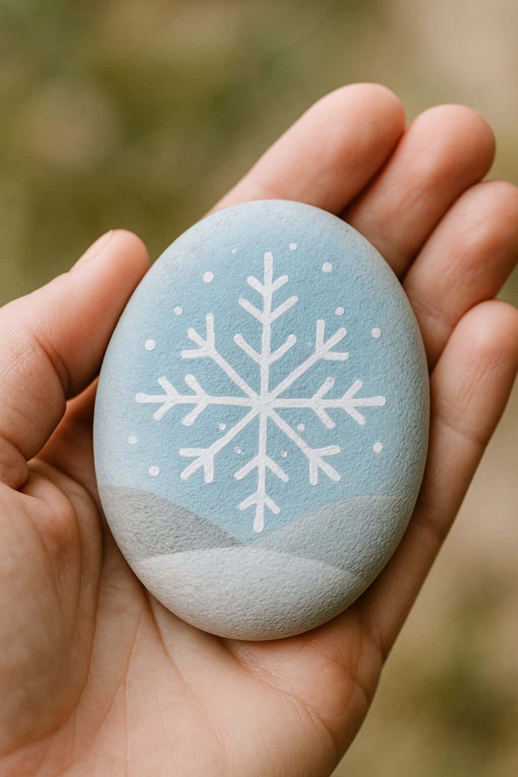 A hand holding a smooth river rock painted with a simple winter design.