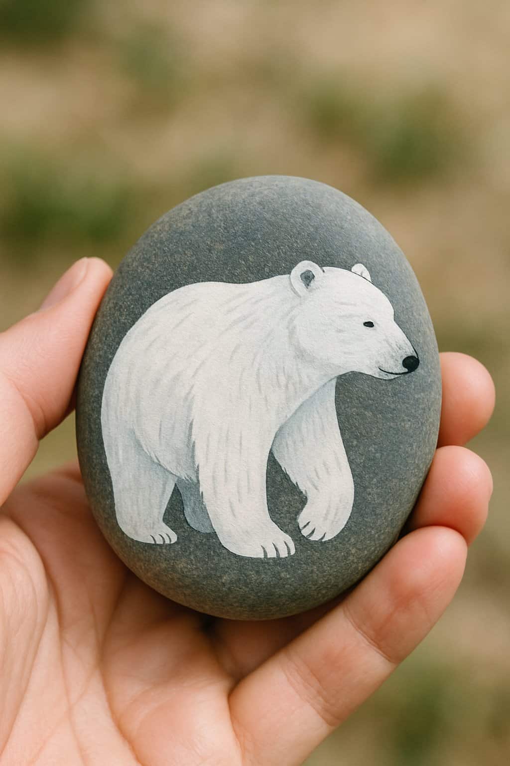 A hand holding a smooth river rock painted with a simple polar bear design.