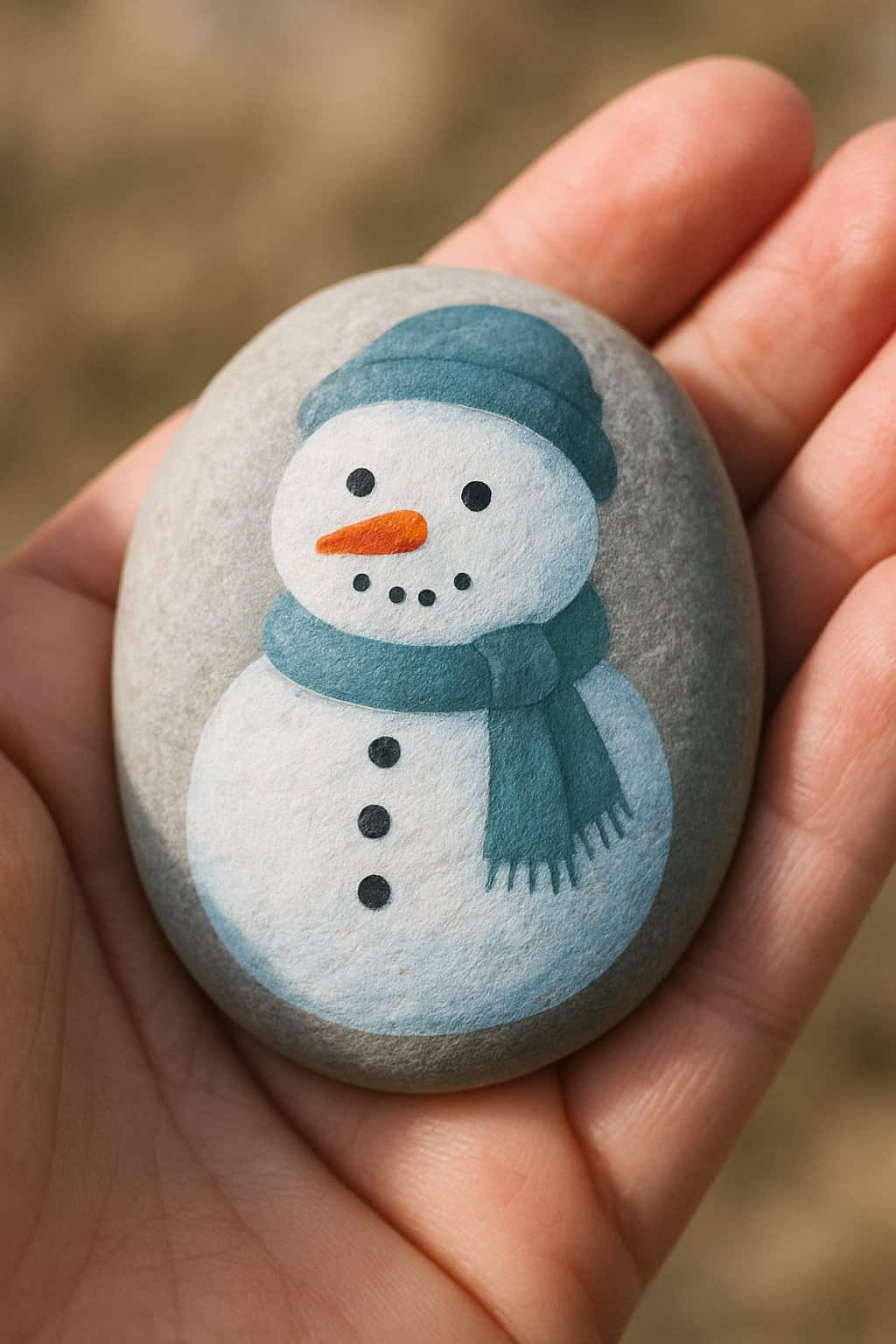 A hand holding a smooth river rock painted with a simple snowman design.