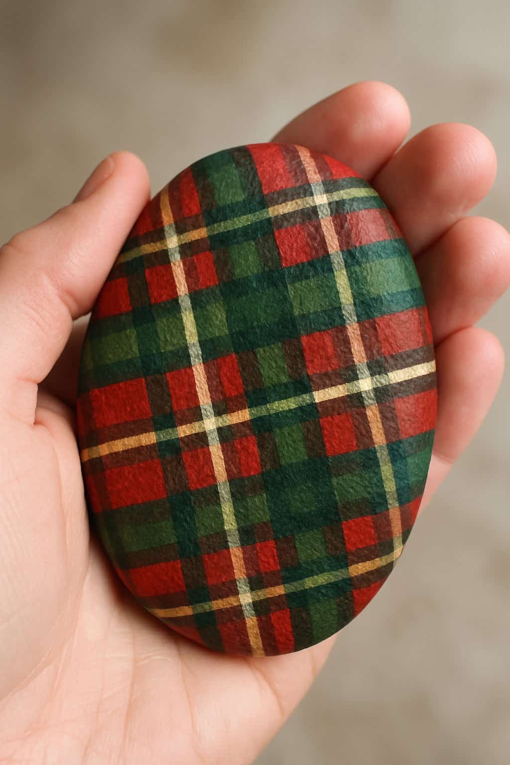 A hand holding a smooth river rock painted with a plaid flannel design.