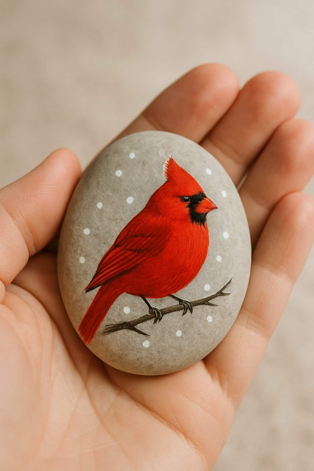 A hand holding a smooth river rock painted with a red cardinal bird.