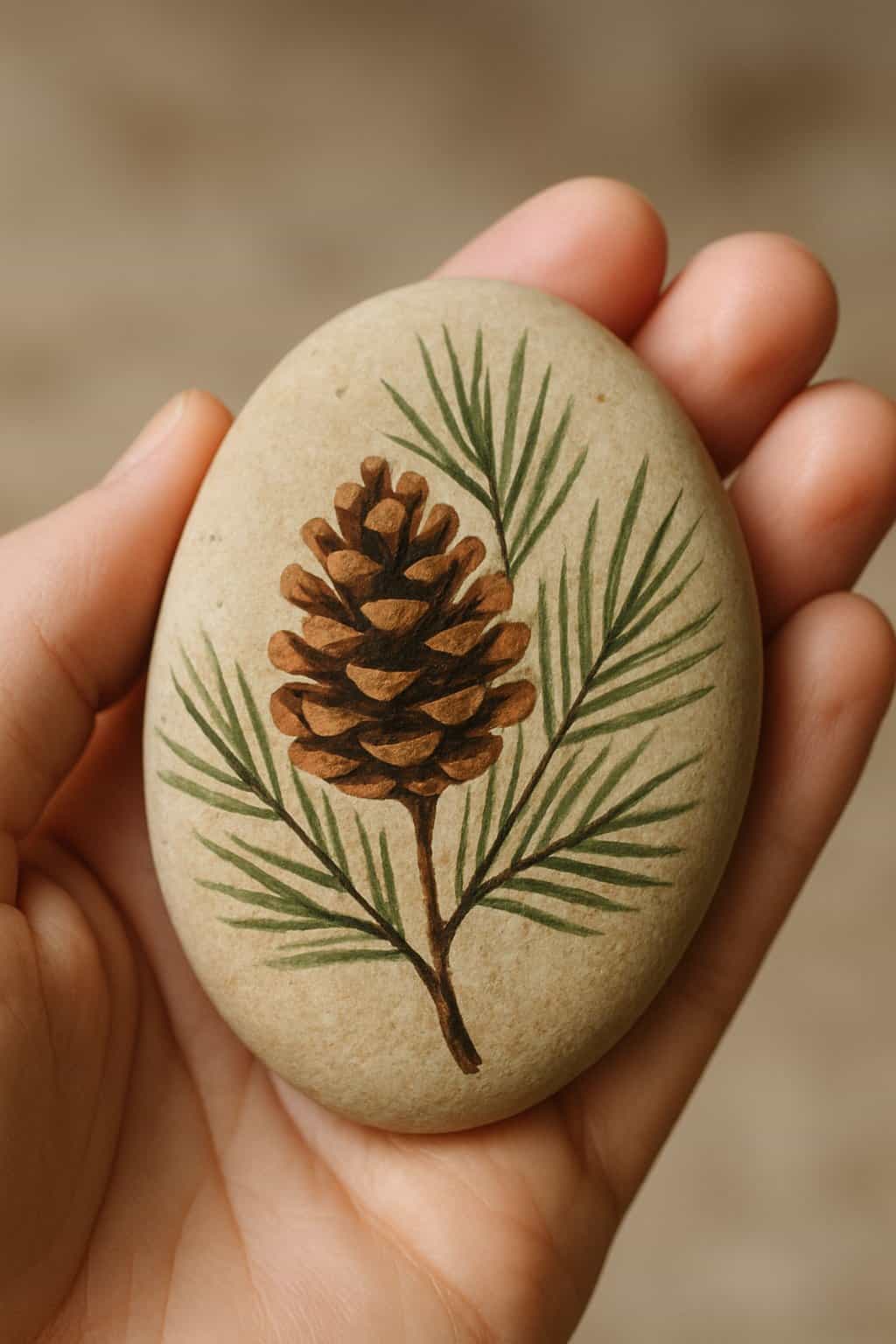 A hand holding a smooth river rock painted with a pinecone and pine needles design.