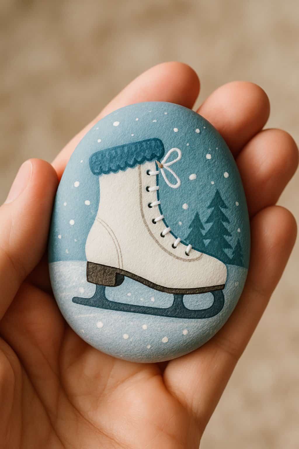 A hand holding a smooth river rock painted with an ice skate design.