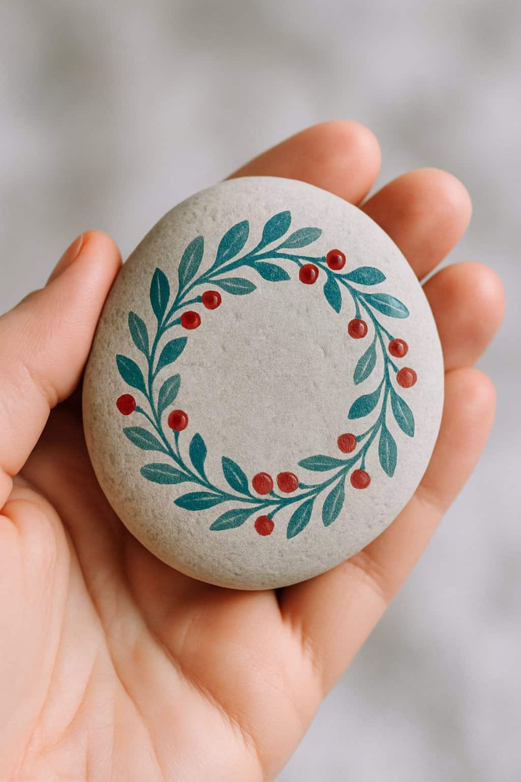 A hand holding a smooth river rock painted with a holiday wreath design.