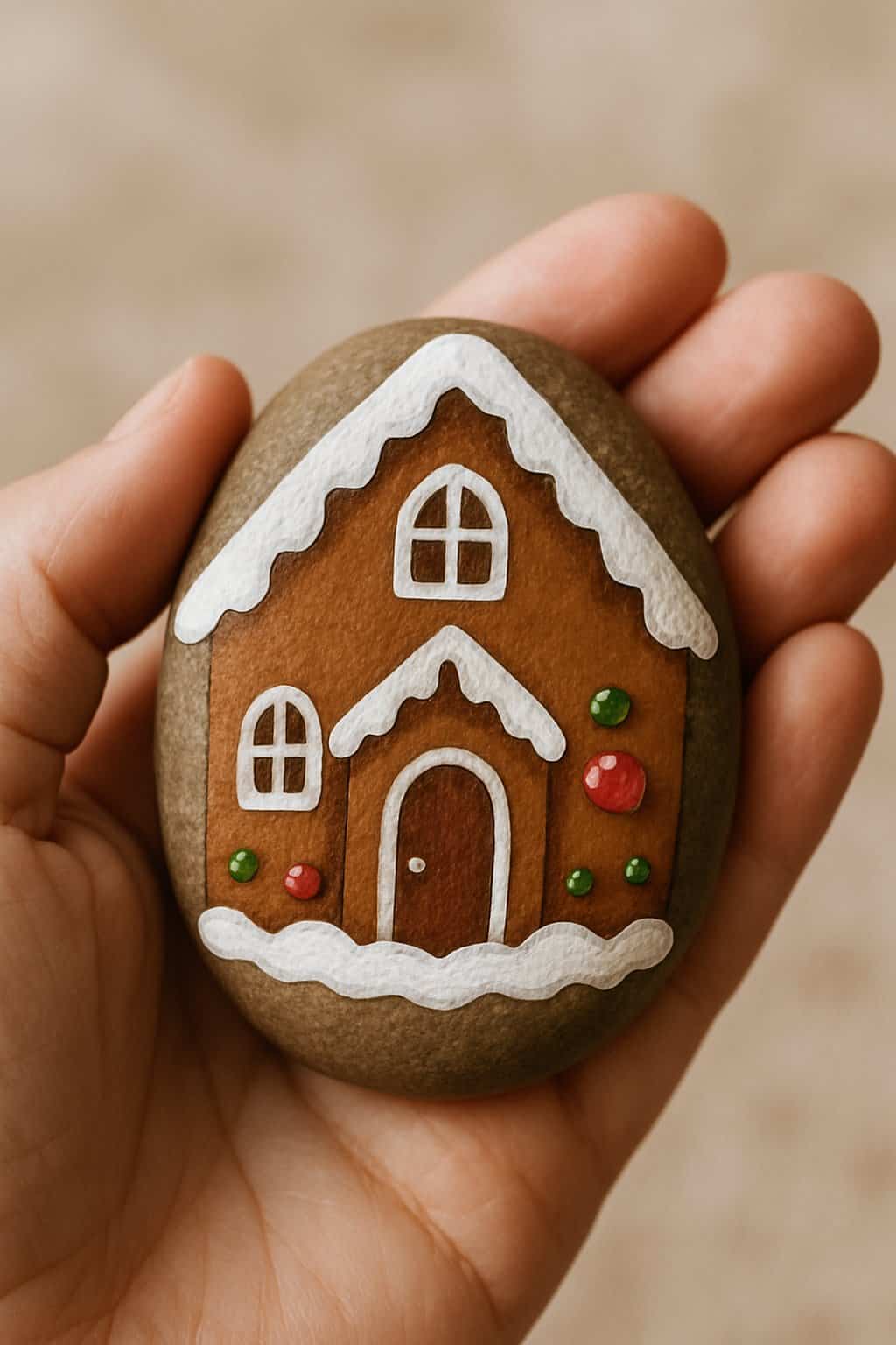 A hand holding a smooth river rock painted with a simple gingerbread house design.