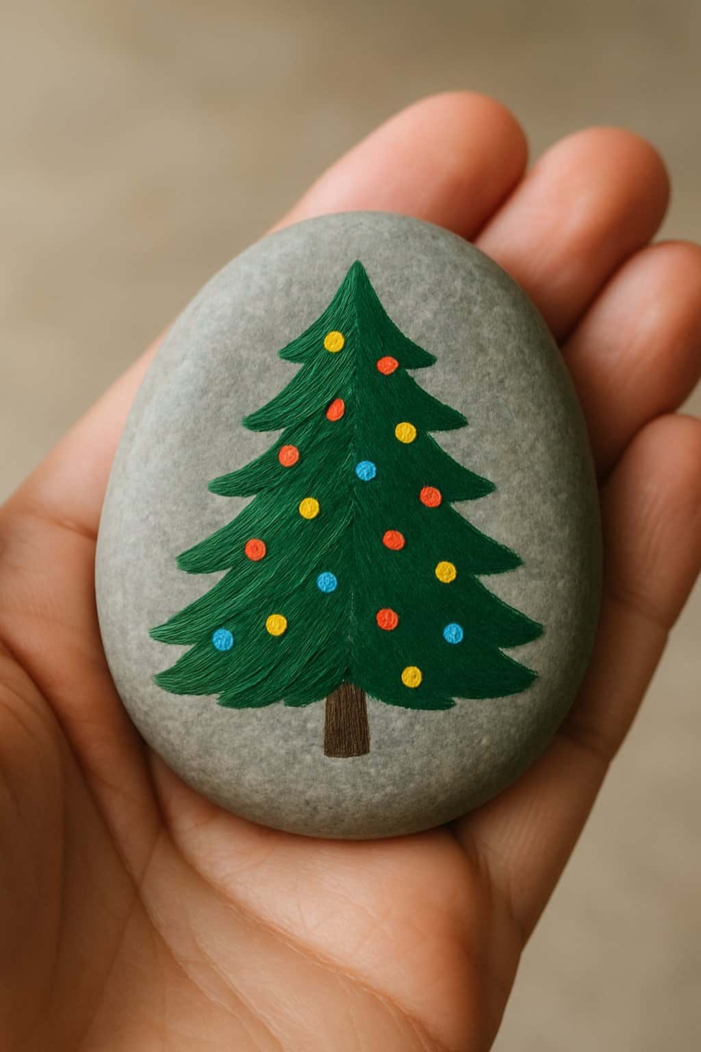 A hand holding a smooth river rock painted with a Christmas tree and lights.