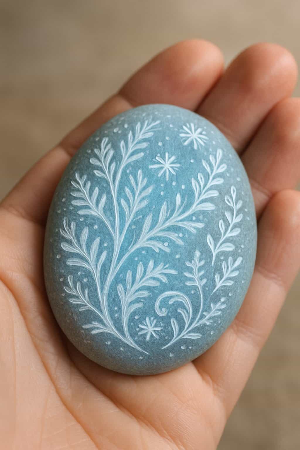 A hand holding a smooth river rock painted with a frosty winter design.