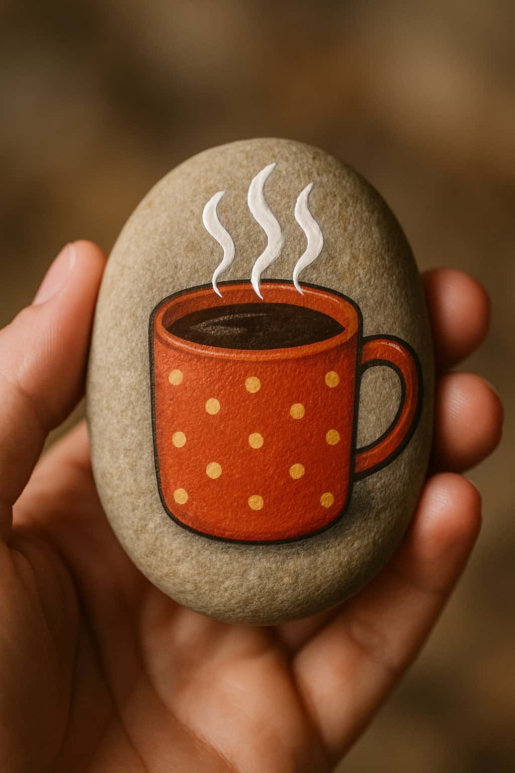 A hand holding a smooth river rock painted with a hot cocoa mug design.