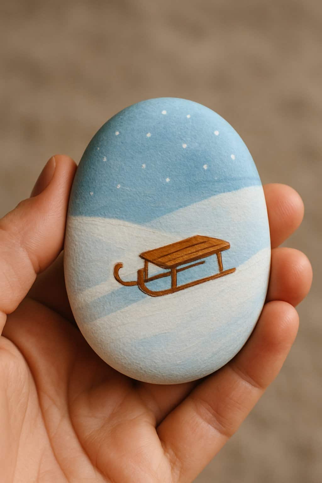 A hand holding a smooth river rock painted with a sled on a snow hill design.