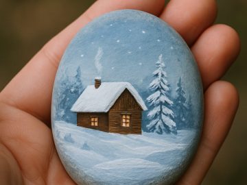 A hand holds a smooth stone painted with a winter scene of a log cabin, snowy trees, and a night sky with stars. The cabin's windows glow warmly, and smoke rises from the chimney.