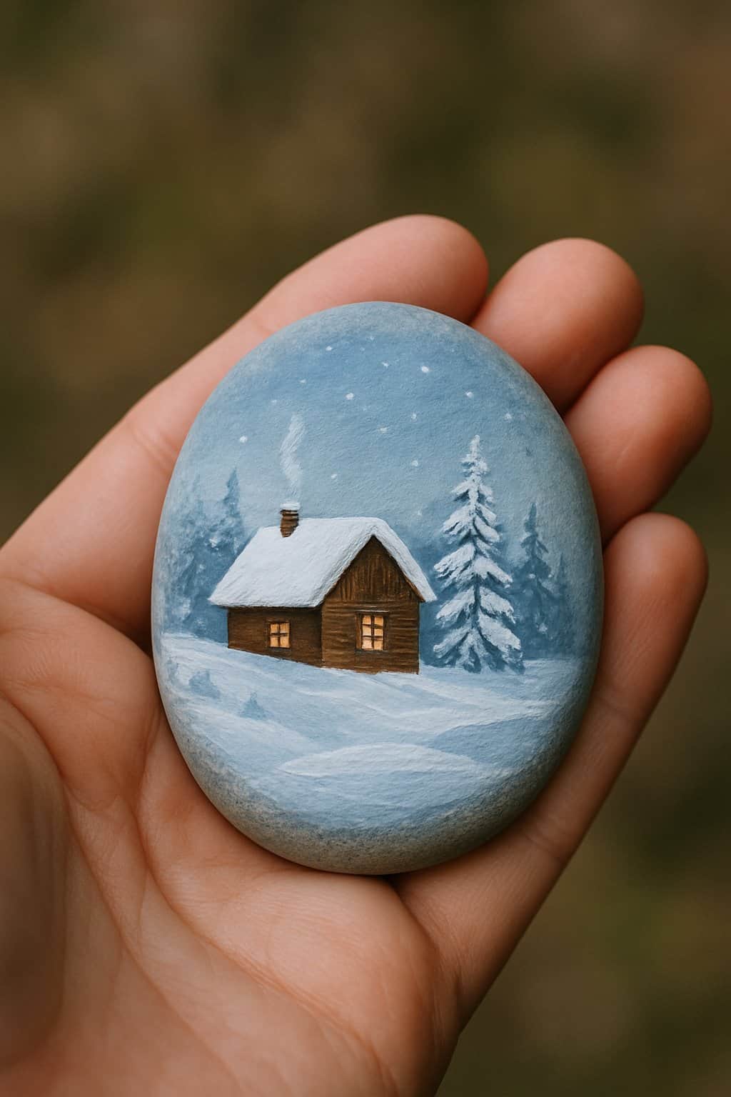 A hand holding a smooth river rock painted with a winter cabin scene surrounded by snow-covered trees.