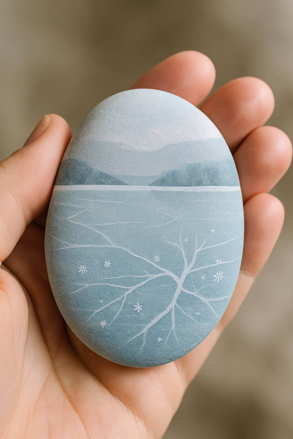 A hand holding a smooth river rock painted with a simple winter frozen lake design.