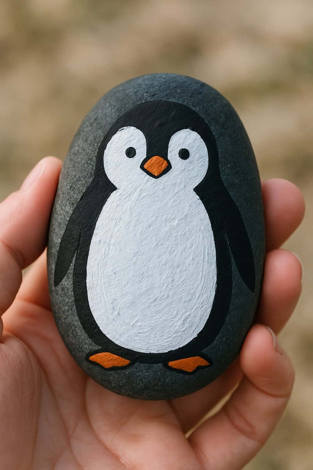 A hand holding a smooth river rock painted with a simple cute penguin design.