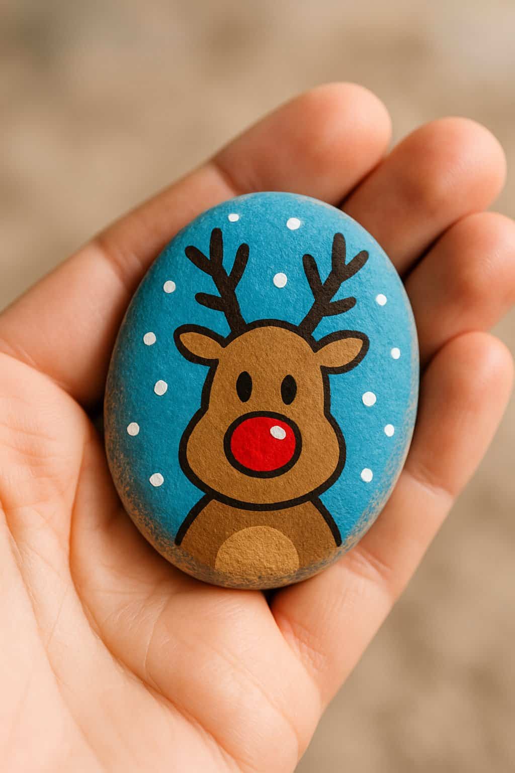 A hand holding a smooth river rock painted with a red-nosed reindeer design.