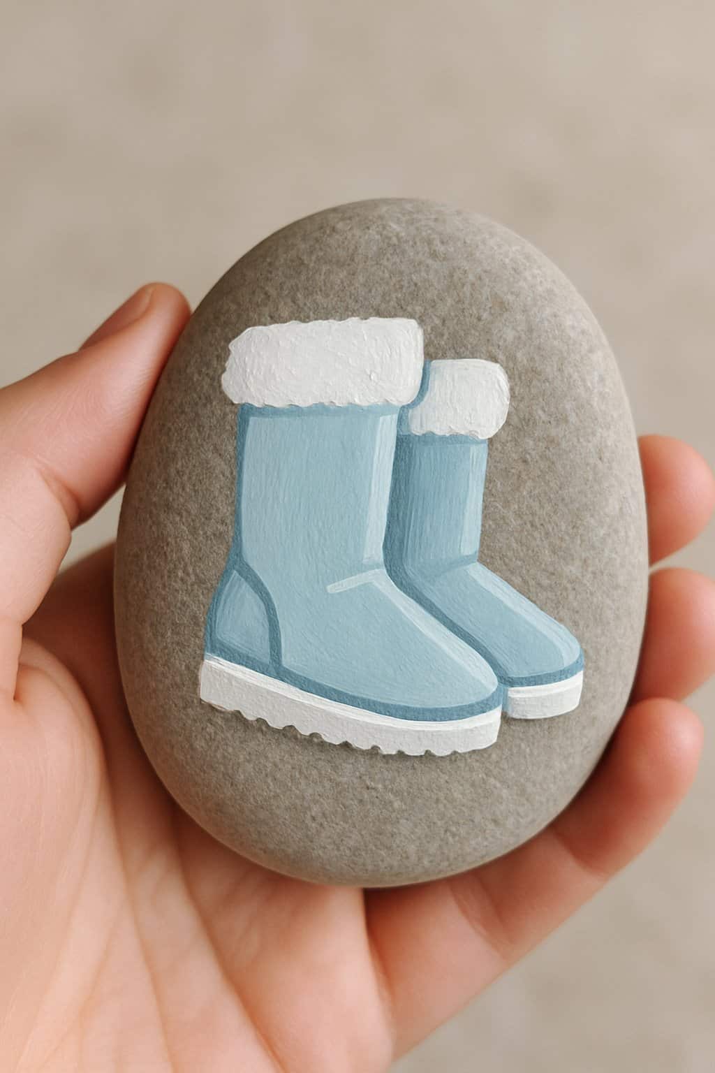 A hand holding a smooth river rock painted with a simple winter-themed design inspired by snow boots.