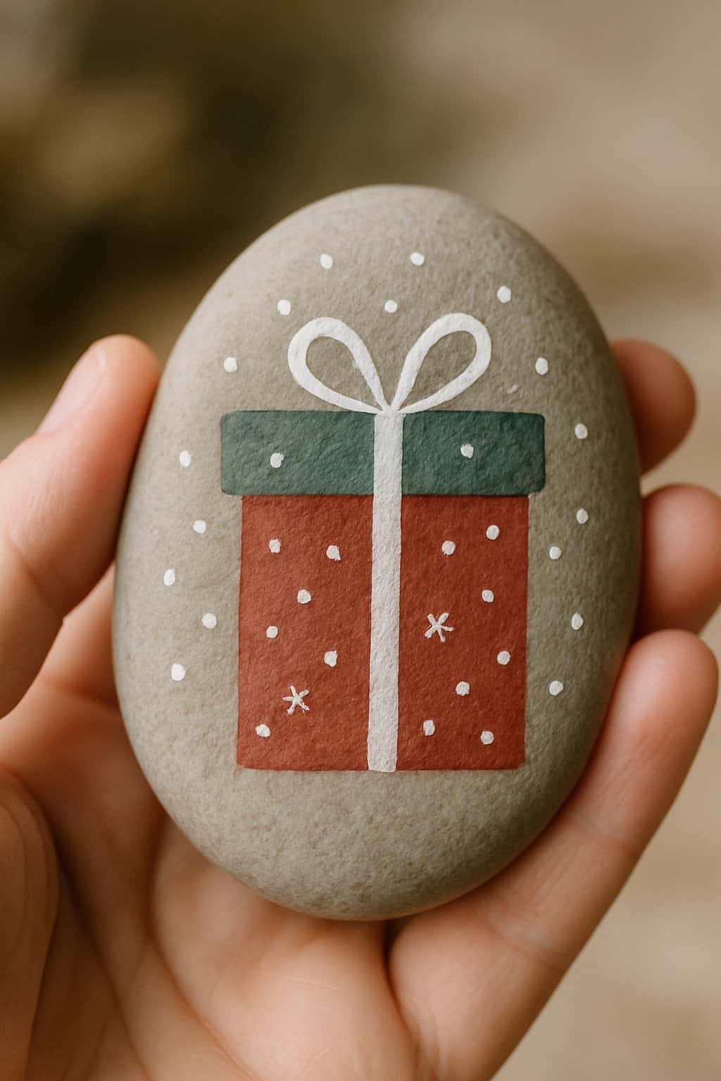 A hand holding a smooth painted river rock with a simple winter-themed design.