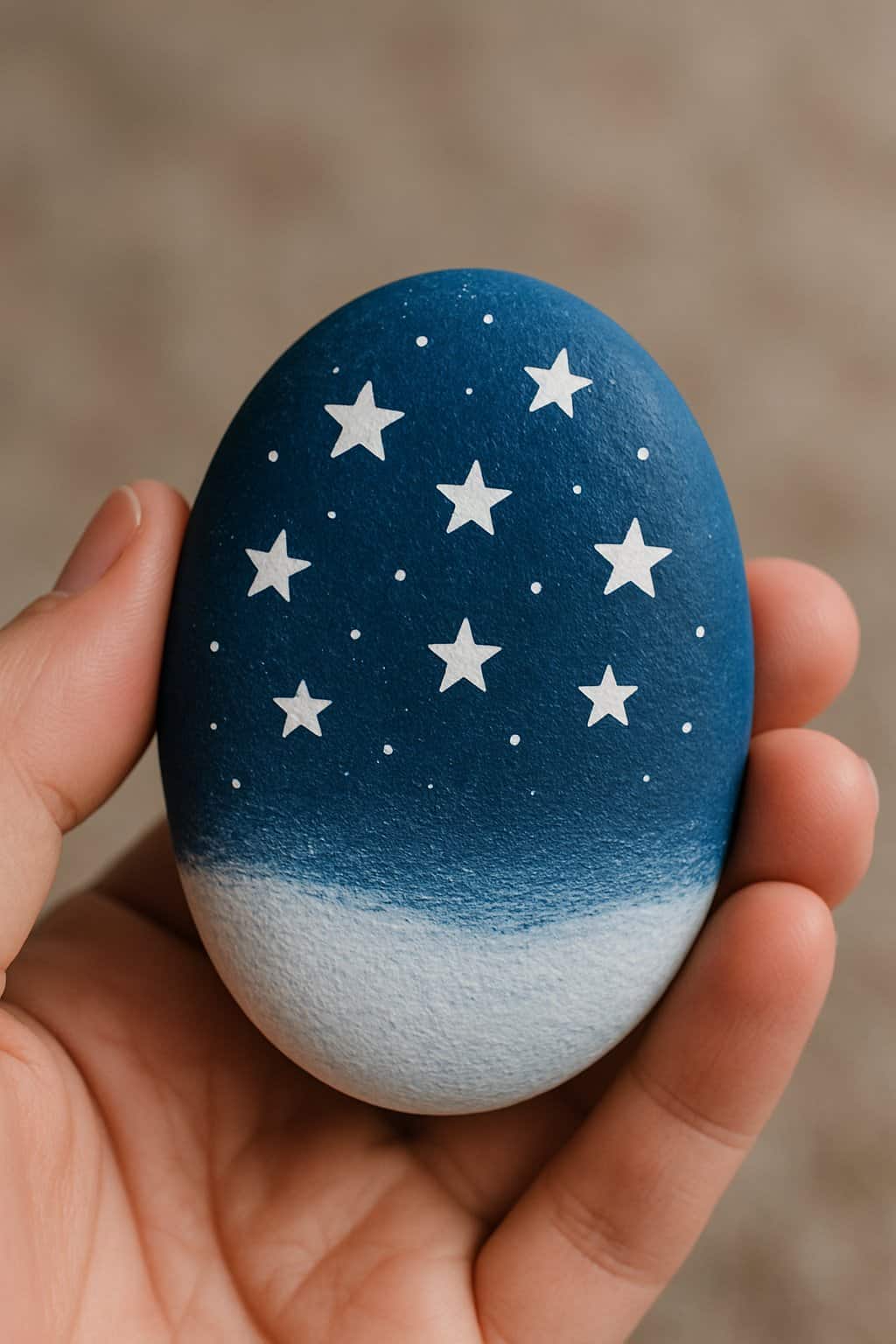 A hand holding a smooth river rock painted with white stars on a blue background.