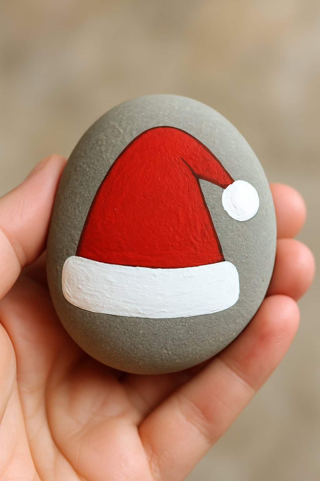 A hand holding a smooth river rock painted with a red and white Santa hat design.