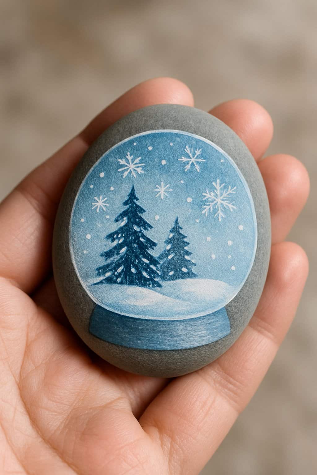 A hand holding a smooth river rock painted with a winter snow globe scene.