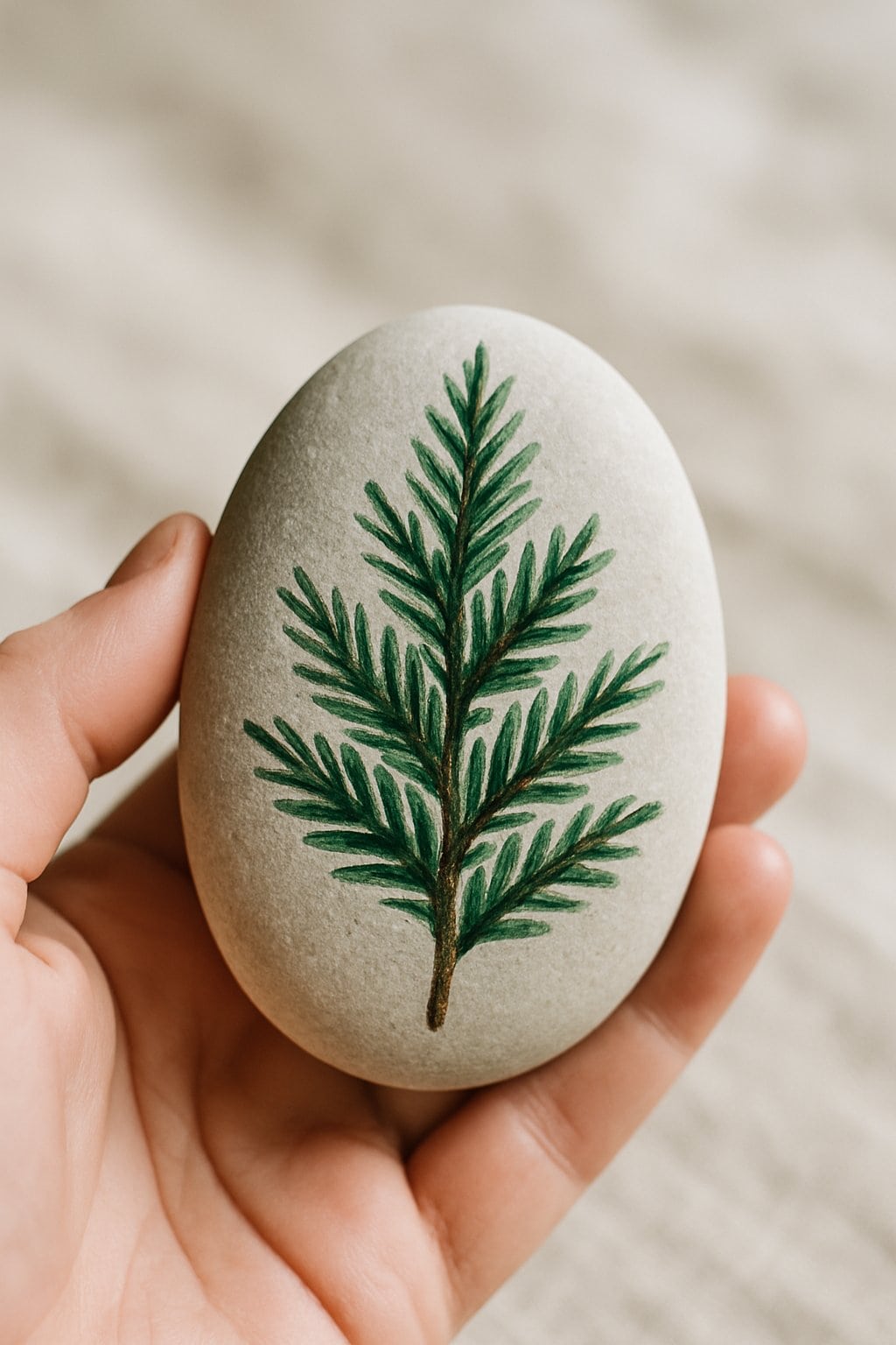 A hand holding a smooth river rock painted with a green evergreen branch design.