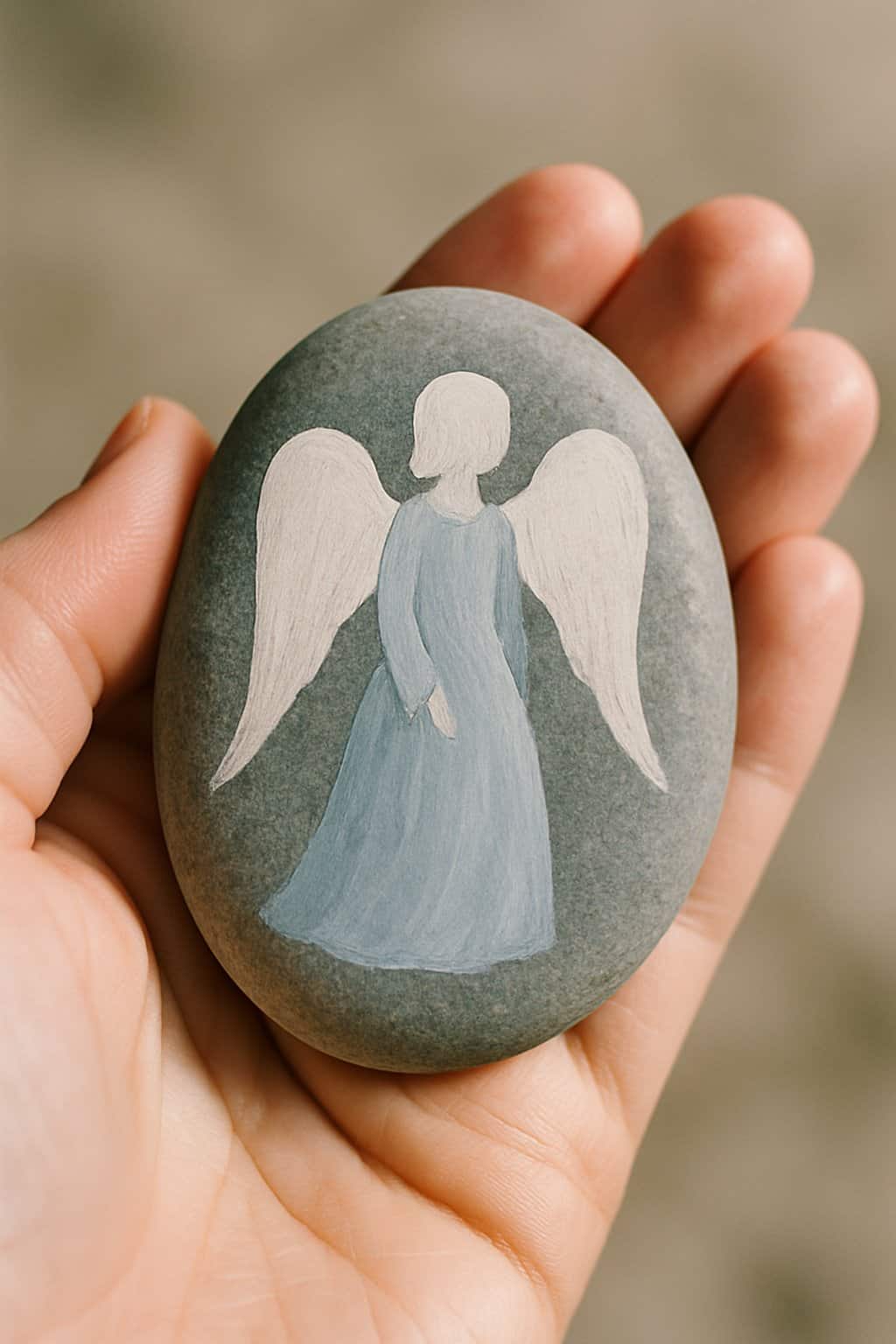A hand holding a smooth river rock painted with a simple angel silhouette.
