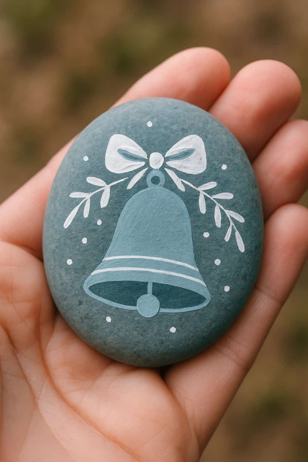 A hand holding a smooth river rock painted with a simple holiday bell design.