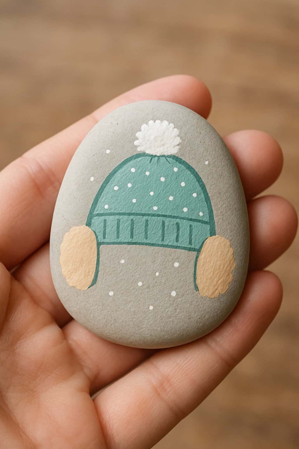 A hand holding a smooth river rock painted with a snow hat and ear muffs design.