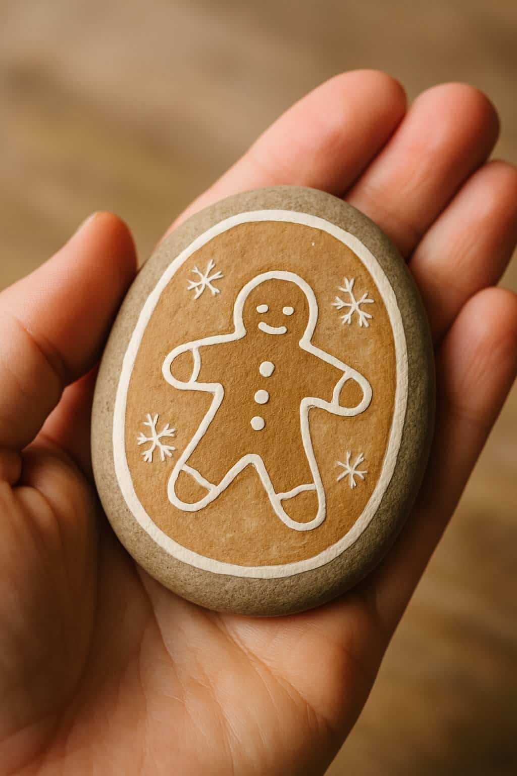 A hand holding a smooth river rock painted with a simple Christmas cookie design.