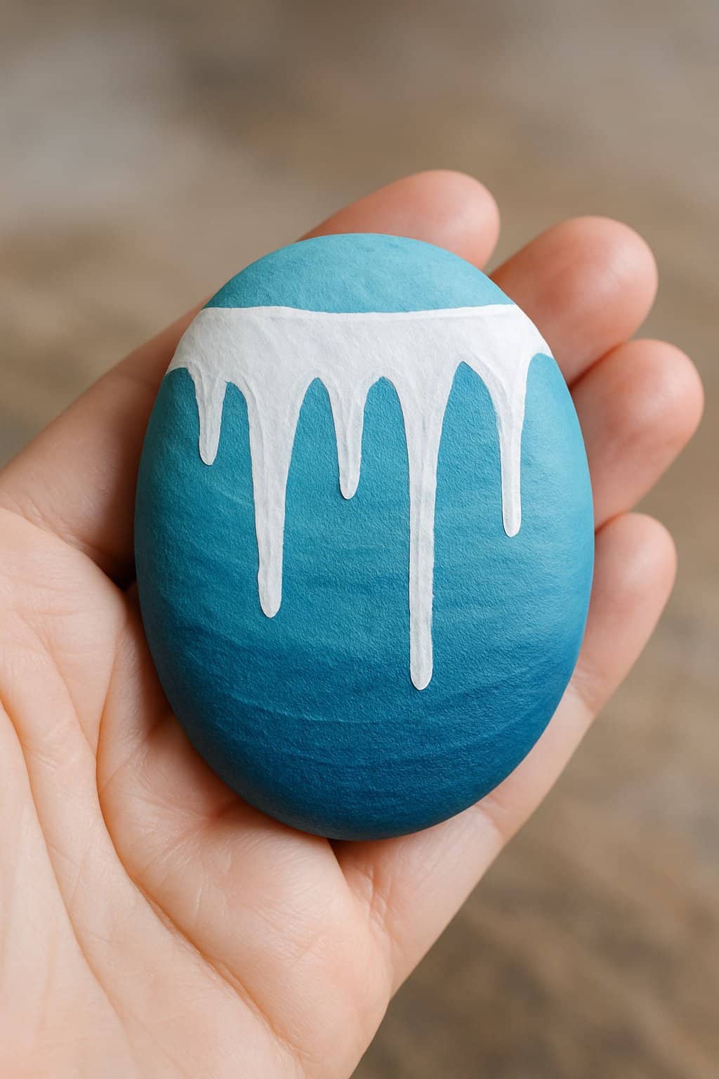 A hand holding a smooth painted river rock with a winter icicle drip design.