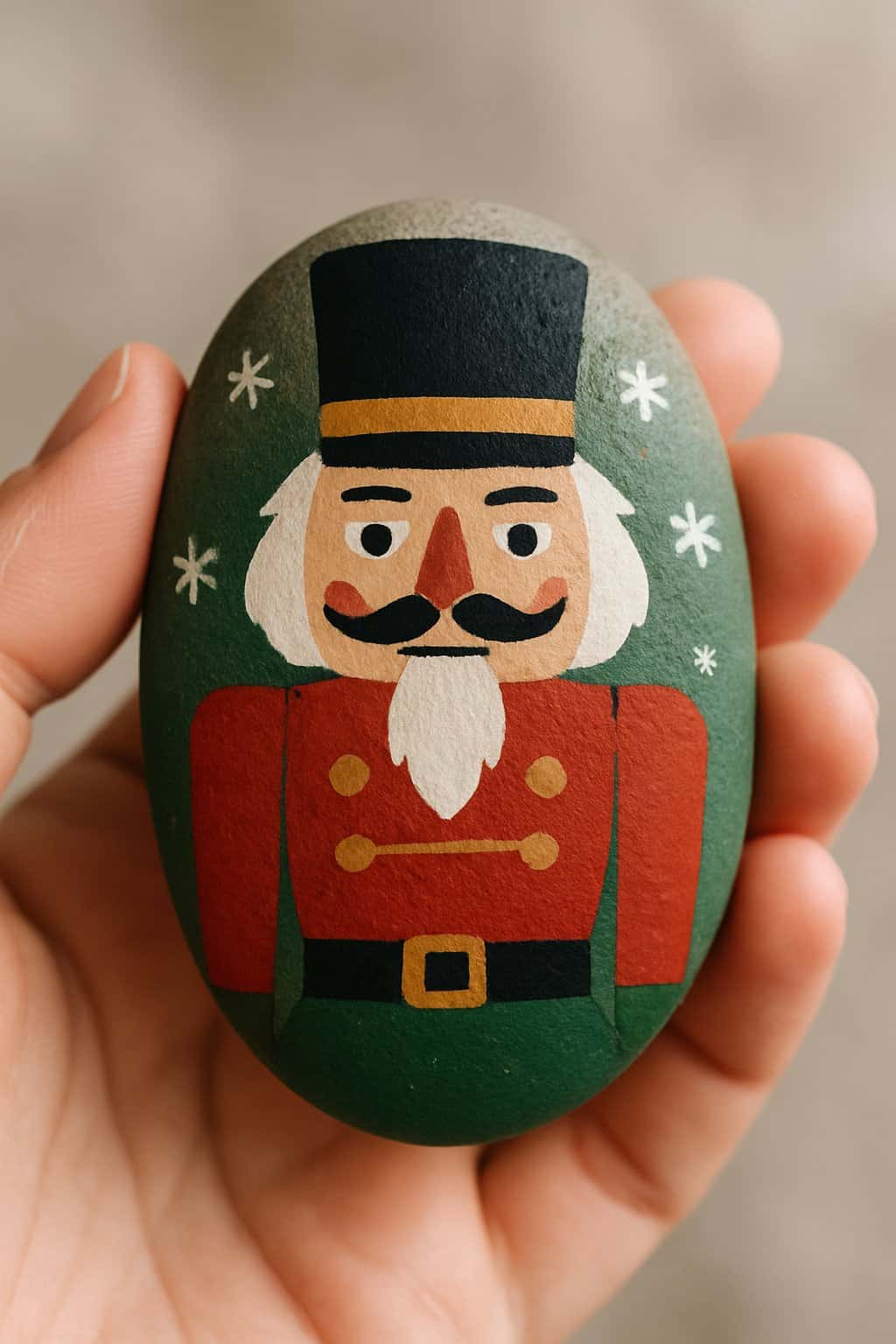 A hand holding a smooth river rock painted with a simple Nutcracker-themed design.