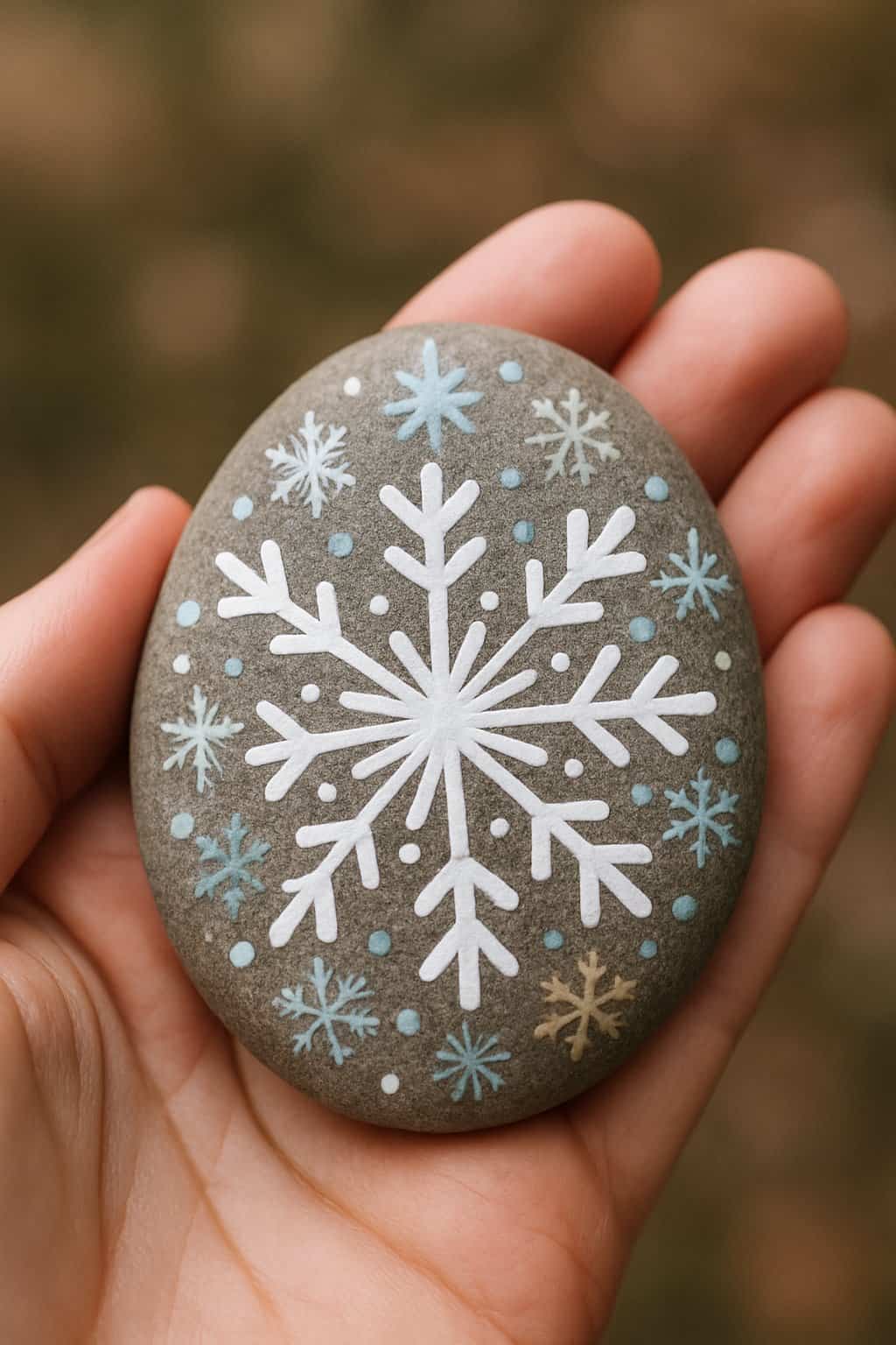 A hand holding a smooth river rock painted with a white snowflake pattern.